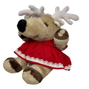 Vintage Reindeer Plush‎ Red Dress Lace Long Face Antlers 23" Tall